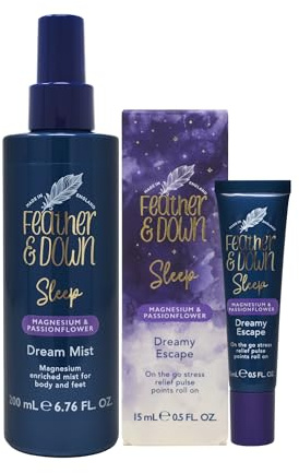Feather & Down Calming Touch Bundle – Magnesium & Passionflower Dream Mist (200ml) + Pulse Point Rollerball (15ml) – Sleep Aid & On-the-Go Stress Relief Aromatherapy Duo