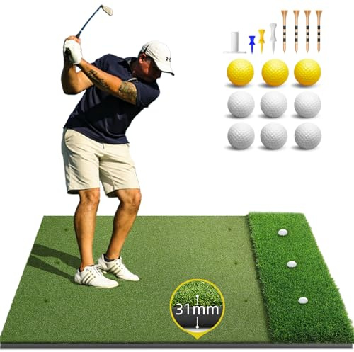 Bltend Dual-Turf Golf Mat: 5x4ft 31MM Thickened Heavy-Duty Golf Hitting Mats Practice Outdoor/Indoor, Artificial Turf Training Matt with 9 Balls, 8 Tees for Driving, Chipping, Swing