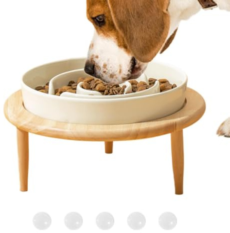 Ceramic Slow Feeder Dog Bowl, Elevated Dog Bowl with Wooden Base | Anti-Slip Puzzle Food Dish, Anti-Choking Pet Feeding Station for Small, Medium, and Large Breed