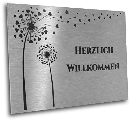 Jung Edelstahl Design Türschild V2A Edelstahl in verschiedenen Größen mit Motiv Pusteblume/Blume und Wunschtext. Ideal als Klingelschild oder für den Briefkasten als Briefkastenschild.