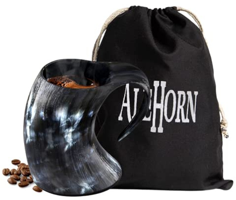 AleHorn Handcrafted Viking Drinking Horn - Coffee Mug | Father’s Day Gifts | Tankard for Beer Mead Ale and Coffee | Food Safe Vessel with Handle | Hot & Cold | (8oz)