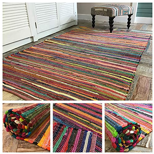 Second Nature Online - Alfombra multicolor tejida a mano, tela reciclada, fabricación ética en la India, tamaño pequeño, mediano o grande, algodón mezcla, multicolor, 120 x 180 cm