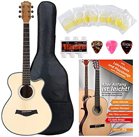 Rocktile WSC-100C NT Chitarra Western Starter Set - Corpo Concert Cutaway, Top Abete, Fondo/Fasce Mogano, Manico Okoume - Include custodia, spartiti, corde e plettro - Naturale