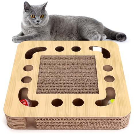 Nobleza Katzen kratzbrett mit Minze，Katzenspielzeug Interaktives mit 2 Klingelballs，3 in 1 Wellpappe Kratzmatte Katze