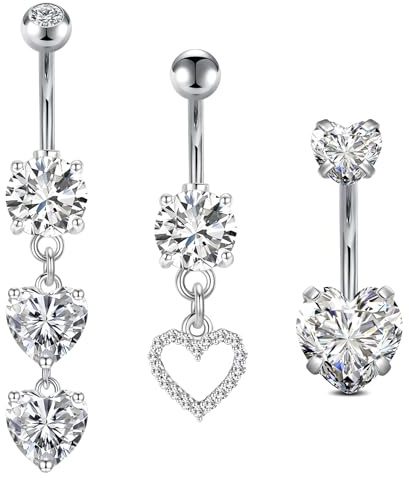VCMART 3pcs Belly Button Ring Heart Dangle Belly Button Piercing Surgical Steel Belly Navel Rings for Women 14G 10mm Silver