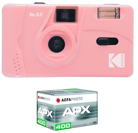 KODAK Pack M35 Argentique + Pellicule 100 ASA - Appareil Photo Kodak Rechargeable 35mm Candy Pink, Objectif Grand Angle Fixe, Viseur optique , Flash Intégré + Pellicule APX 100, 36 poses