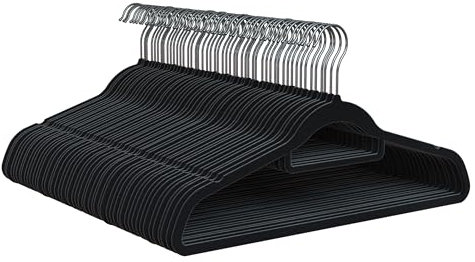 PORTENTUM Kleiderbügel aus Samt, 50 Stück, Schwarz. Zubehörhalter, 360º Drehbarer Haken, Platzsparend, Kerben für Kleider, rutschfeste Kleiderbügel, Für alle Arten von Kleidung