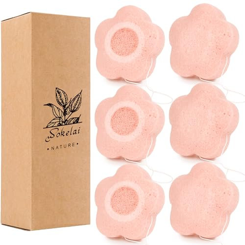 Lot de 6 éponges Konjac naturelles pour le visage - Pour le visage - Exfoliant pour le visage - Durable - Éponge Konjac Visage en Forme de Fleur Rose - Pour tous les types de peau
