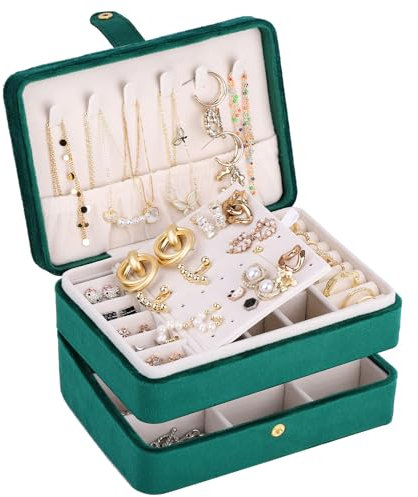 Schmuckkästchen Mädchen: Klein Schmuckkasten Damen, 2 Ebenen Samt Schmuckaufbewahrung,Schmuck Reiseetui für Reisen Ringe Ohrringe Halsketten Frauen Teenager Mädchen Geschenke (Grün)