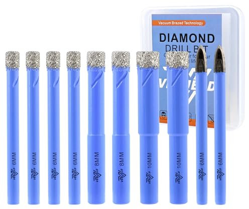 VENJELD Juego de Brocas Diamante Seco - 6mm X 4, 8mm X 2, 10mm X 2 8 Piezas Corona Diamnate y 2 Piezas 6mm Taladro Carburo para Porcelana Cerámica Mármol Granito - Vástago Redondo con Estuche