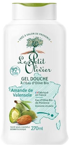 LE PETIT OLIVIER - Gel Douche - Eau d'Olive Bio & Amande de Valensole - PH Neutre Pour La Peau - 97% D'Origine Naturelle - Sans Savon, Sans Colorant - Fabriqué En France - 270 ml