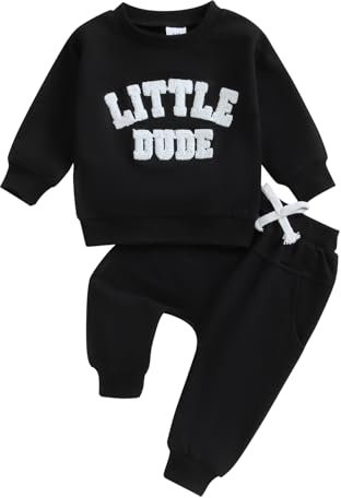 MAHUAOYIXI Toddler Infant Baby Boy Clothes Long Sleeve Sweatshirt Pullover Tops Jumper Letter Embroidered + Elastic Pants With Pockets 2 Piece Fall Winter Outfit Set Tracksuit (Black, 18-24 Months)