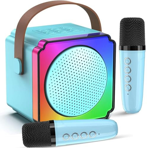 Mikrofon Kinder, Karaoke Maschine Kinder mit 2 Drahtlosen Mikrofonen Bluetooth Karaoke Maschine mit Stimme Wechselnde Effekte und LED Lichter Karaoke für Kinder Erwachsene Jungen Mädchen(Blau)