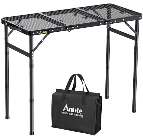 Anbte Mesa Plegable Camping 88 x 40 x 26-48-70cm, Mesa Exterior BBQ Portátil de Malla Metálica Impermeable 3 Altura Ajustable para Exterior/Barbacoa/Jardín/Playa Color Negro