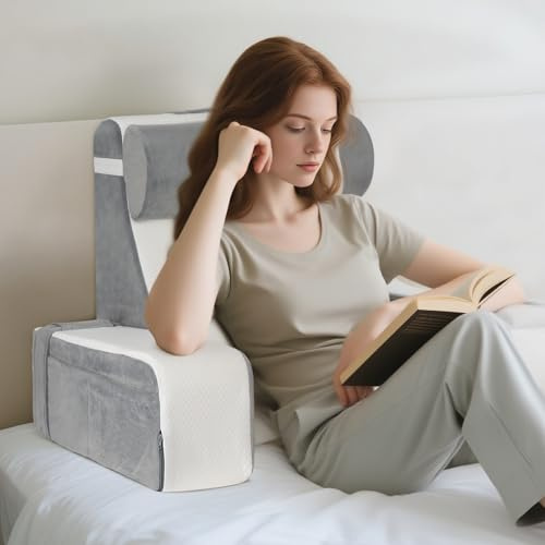 Esilihom Reading Pillow for Bed Adults, Comfy Memory Foam Reading Cushion with Detachable Arms & Neck Roll, Enhanced Back Support Pillow for Sitting up, Relaxing, Gaming, Watching TV