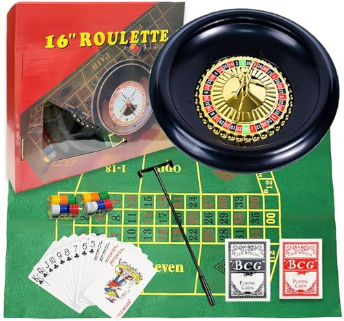 IIDEA 16 Inch Professional Roulette Wheel Set Gambling Wheel with 120 Chips,2 Decks of Cards,Reversible Game Table Mat, Rake and Balls,Casino Games Suitable for Roulette and Texas Hold'em