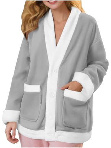 Wyongtao Veste Polaire Femme Manteau D'Intérieur En Peluche Manteau Femme Hiver Chaud Boutons Hauts De Pyjama Col En V Épaissir Blouson Décontractée Doux Ample Top Cachemire Avec Poche