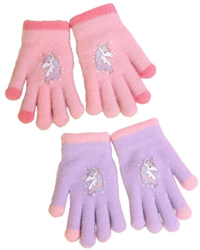 FUGLUS 2 Paires de Gants en Tricot Chauds pour Enfants, Gants de Sable Cristal Colorés avec Motif Licorne - Mitaines Douces et Extensibles pour Filles 2-5 Ans