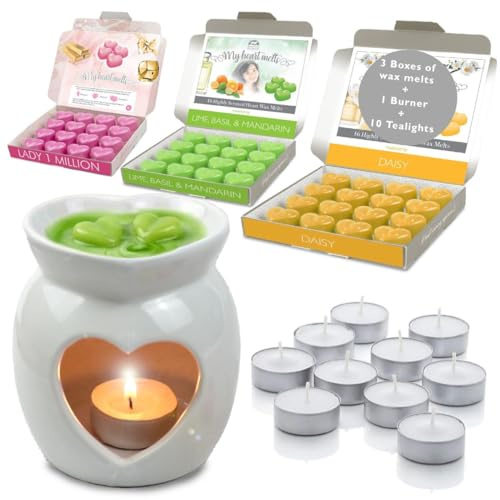 Mixed Perfume Deluxe Wax Melts Gift Set – Starter Pack – Heart Shaped Ceramic Burner – 3 x 16 Perfume Scented Wax Melts (Lady 1 Million, Lime Basil & Mandarin, Daisy) with 10 Tealights