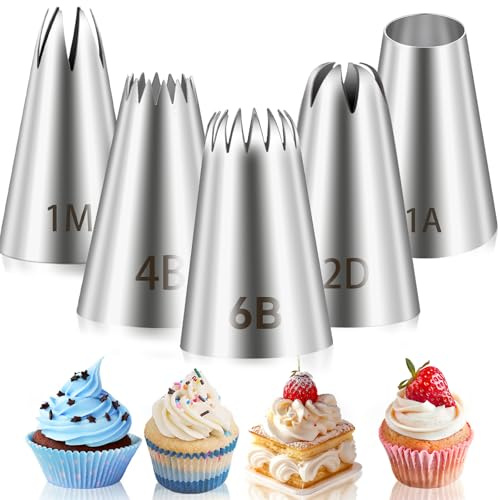 4 Pcs Cake Piping Tips 1M 2D 6B 4B, Stainless Steel Icing Nozzles for Cake Decorating Supplies, Large Piping Tips Baking Tools for Cupcakes Cookies Buttercream