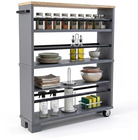 Relaxdays Carrello per nicchia 80x13x50 cm scaffale Stretto per Bagno e Cucina, 4 Ripiani, Maniglia e Ruote, Nero-Grigio