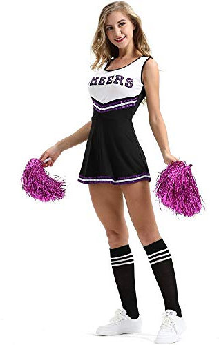 fagginakss Damen Cheerleader Cheerleading Kostüm Mädchen Uniform Karneval Fasching Party Halloween Kostüm Kleid Minirock Bekleidung mit 2 Pompoms