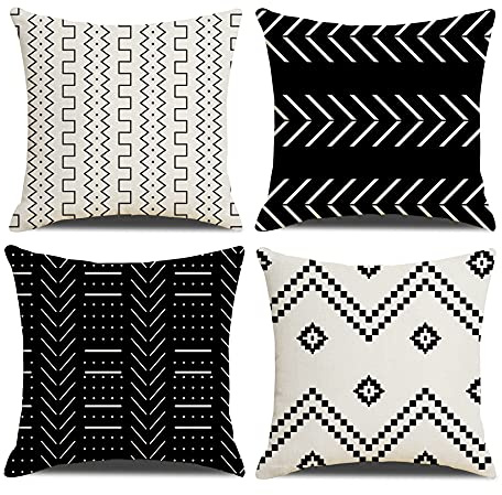 DWDC Cushion Covers 40 x 40 cm Farmhouse Cushioncase cover, Set of 4 Black Textured Patchwork Square PillowCase for Sofa Chair Bedroom Modern Decor Home Office Couch Car Garden