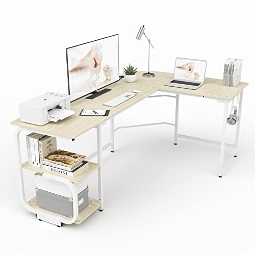 Ulifance L Shaped Corner Office Desk, Reversible Computer Desk with Shelves and Headphone Hook Gaming Desk Laptop Table Workstations for home office Beige
