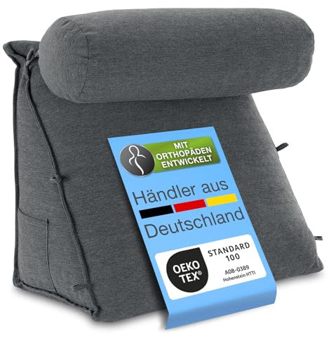 ELONEO Rückenkissen Bett/Sofa mit Abnehmbarer Nackenrolle und Seitentasche, Rückenstützkissen mit Nackenkissen, Bezug waschbar, Lesekissen, Bücherkissen, Rückenlehne