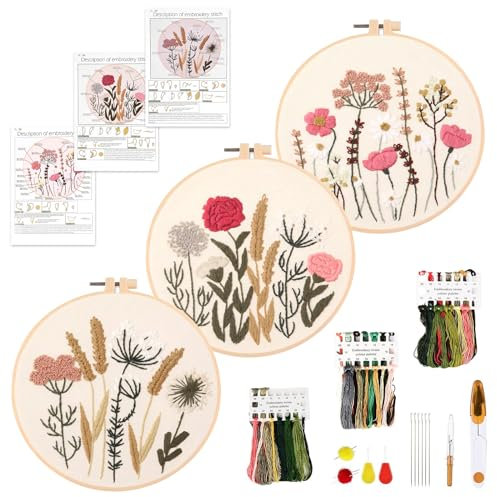 Weinsamkeit Lot de 3 kits de broderie avec motif et instructions (français non garanti) - Kit de broderie pour débutant - Kit de broderie au point de croix fait à la main pour l'artisanat