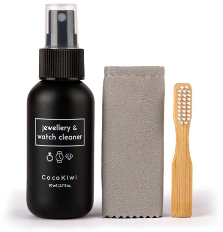 CocoKiwi Solución limpiadora de joyas, kit de limpieza de relojes, oro y plata, limpiador de collares, pendientes y anillos, 80 ml, restaura el brillo con el paño y el cepillo incluidos, Plástico