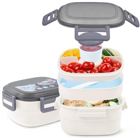 Wohntec ensaladera 1600ML bento box con bolsa de hielo, 4 compartimentos para ensalada y aperitivos, ensaladera con recipiente para aliños, fiambrera caja de desayuno para escuela picnic oficina Beige