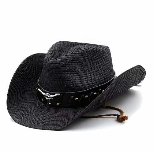 Plancholo Cappello da cowboy in paglia, cappello da spiaggia, cappello da sole a tesa larga Panama Fedora Cappello di paglia per l'estate all'aperto per uomo donna, Nero , Taglia unica