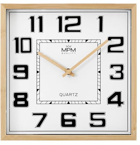 MPM Quality Orologio da parete in legno, quadrato, numeri arabi, marrone chiaro/nero/bianco, movimento al quarzo Sweep, ∅ 292 x 45 mm, moderno, orologio da parete, decorazione da parete, decorazione