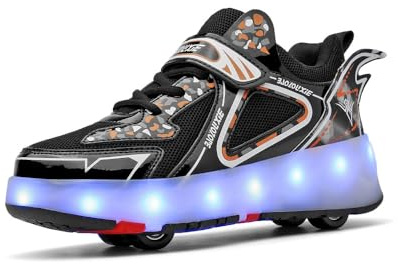 HUSKSWARE Patins à roulettes à Quatre Roues pour garçons et Filles, Patins à roulettes réglables pour Jeunes, Chaussures Velcro avec Roues, Noir, 38 EU