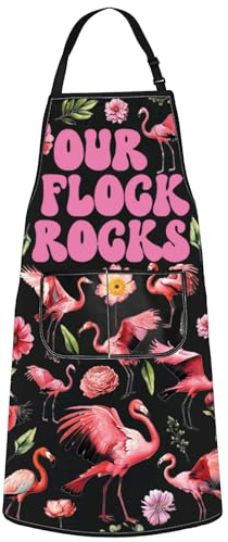 WZMPA Flamingo Kitchen Apron Flamingo Lover Gift Our Flock Rocks Flamingo Adjustable Apron With Pockets Flamingo Bird Merch, Our Flock Rocks Ap