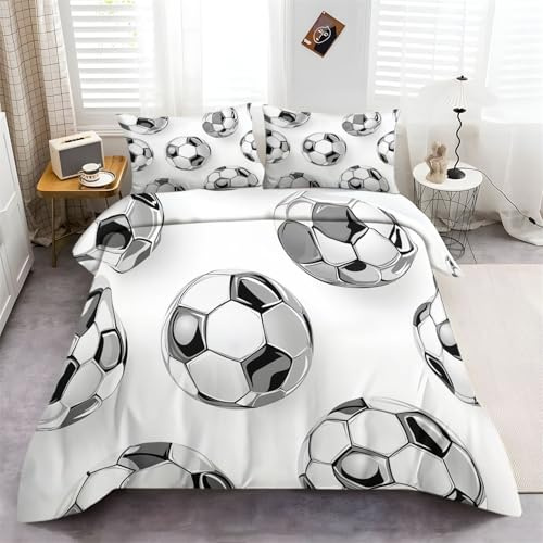 Générique Parure de Lit 200 x 200 cm Housse de Couette Ballon Foot réfléchissant Housse de Couette Imprimé Microfibre Confortable Ensemble de Literie Éclair et 2 Taies d'oreiller, Blanc