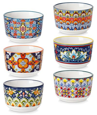 vancasso Creme Brulee Schälchen 120ml, SIMI Souffle Förmchen Backofenfest, Ofenfeste Förmchen 6er Set, Creme Brulee Schalen, Keramik Ramekins für Ragout Fin Schalen, Vibrant Bohemian Mini Auflaufform