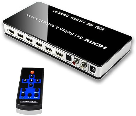 Bärbar 5-i-1-ut HDMI 1.4-omkopplare med ljudutsugare, HDMI-omkopplare 5 x 1 och ljudextraktor med strömadapter