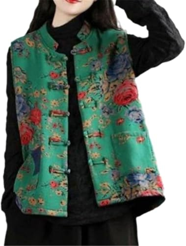 ThiCc - Veste rembourrée de style chinois pour femmes - Veste sans manches matelassée vintage à fleurs avec fermeture à nœud traditionnelle brodée, haut oriental rétro, bohème, ethnique, Hanfu, S2