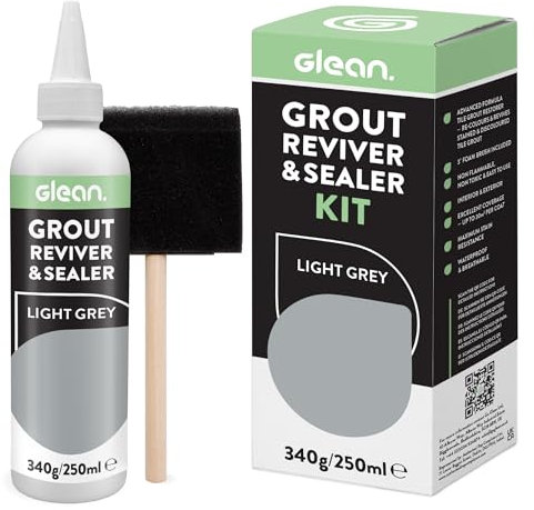 GLEAN Grout Reviver & Sealer | LIGHT GREY | 340g | Restore, Repair, Renew Tile Grout | Includes Foam Brush | Stain Resistant, Breathable Grout Cleaner | Bathroom, Shower & Kitchen Tile Grout