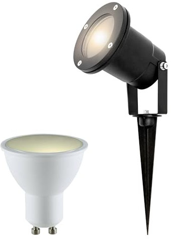 EDO Foco de Jardín LED con Estaca para Tierra LED GU10 5,5W 3000K Blanco Cálido HORTUS Negro – Proyector de Exterior Orientable, IP65 Impermeable para Terraza Césped Camino Patio, Cable de 25 cm