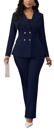 Ophestin Women's 2 Piece Suit Set Pants Suits Dressy Business Casual Outfits Long Sleeve Blazer Pantsuits Set Work Office, Navy Blue, XL