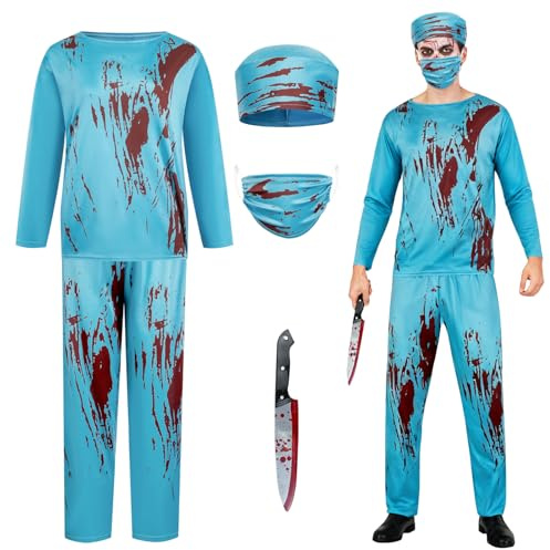 IWTBNOA Costume de médecin de zombie pour homme, costume de médecin de zombie , costume de chirurgien d'horreur, costume de médecin effrayant avec haut, pantalon, chapeau de docteur, masque de