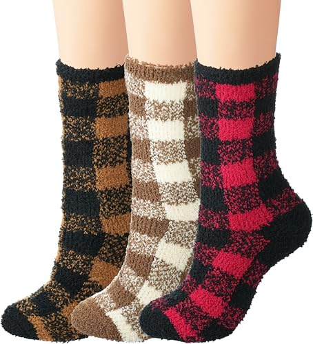 BomKinta Fuzzy Socks Women Winter House Slipper Sock Cozy Thick Warm Sleeping Gifts Socks Size 5-10 3 Pairs Checkered Red Khaki Yellow