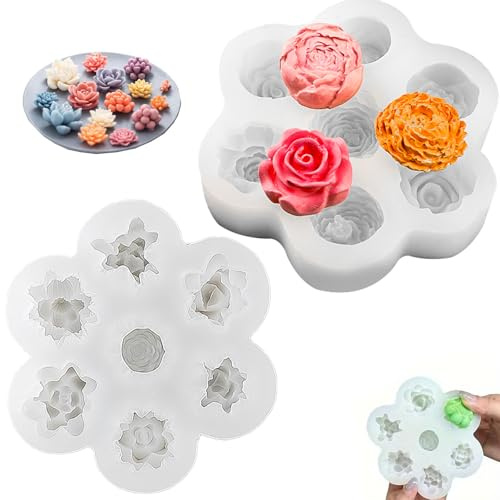 2 Pezzi Stampi per Candele Fiori, Succulenta + Rosa, Stampo in Silicone 3D per Candele, per Torte, Cioccolato, Fondente, Aromaterapia e Creazione di Candele