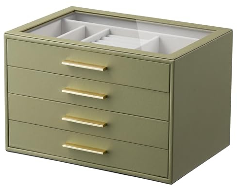 Jewellery Box Organizer Storage Case, 4-Layer with Glass Window, Green