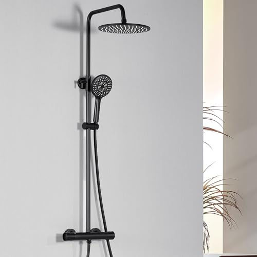 Auralum Thermostatic Shower Mixer Set with 25cm Round Overhead Rainfall Shower Head & Extra Long Adjustable Riser Rail Kit (Fits Old Holes), 3 Modes Handheld Shower, Anti-Kink Hose Easy Installation