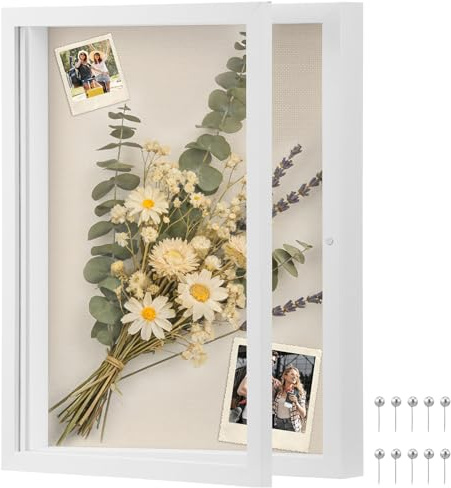 Shadow Box Frame 11x14 Inch Wooden Deep Picture Frames Magnetic 3D Keepsake Frame Shadow Box with Soft Linen Back and 10 Push Pins for Objects Bouquets Photos Artworks Flowers Memory Crafts(White)