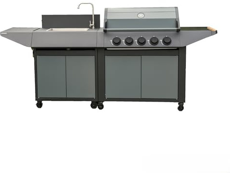 Cook'in Garden - Barbecue a gas esterno BURN, griglia con lavandino integrato, 5 bruciatori in acciaio inossidabile, rubinetto con uscita acqua, funziona con butano o propano